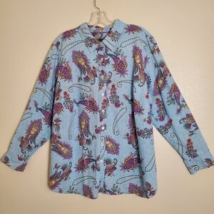Talbots Womens 2X Blue Paisley Print Button Down Long Sleeve Shirt Blouse Top
